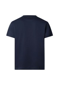 Camiseta de algodón azul marino con mangas cortas y cuello redondo. Presenta el nombre de la marca "HACKETT" impreso en rojo en la parte posterior del cuello.