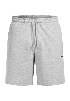 Grijze katoenen shorts met een elastische tailleband en een trekkoord. Heeft zijzakken en een klein logo op de onderste zoom.