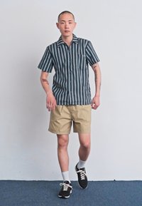 Stripet skjorte med korte ermer i mørkegrønn og hvitt, kombinert med beige shorts. Modellen har på seg svarte joggesko med hvite såler og sokker.