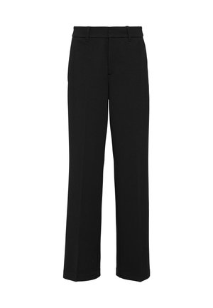 Pantalons noirs en tissu lisse et doux. Présentent un design à jambe droite avec une taille et des passes-belt, offrant un look classique.