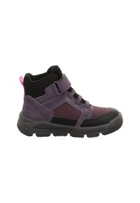 Lila und schwarze Kinder-Sneaker im High-Top-Design mit Klettverschluss, schnürbarem Vorderteil, gepolstertem Schaft und strukturiertem Gummisole.