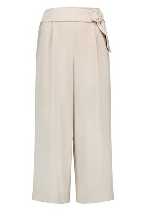 Beige wide-leg pants with high waist and matching fabric belt featuring a round buckle on the right side.