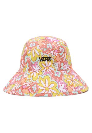 Bucket Hat mit breiter Krempe, farbenfrohes Retro-Blumenmuster in Gelb, Pink, Orange und Blau, mit schwarzem Vans-Logo vorne.
