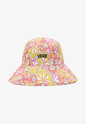 Kapelusz typu bucket z szerokim rondem, kolorowy retro kwiatowy wzór w żółtym, różowym, pomarańczowym i niebieskim, z czarnym logo Vans z przodu.