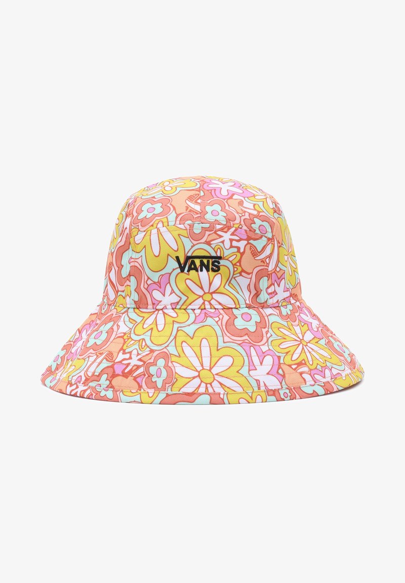 Bob à large bord, motif floral rétro coloré en jaune, rose, orange et bleu, avec le logo Vans noir sur le devant.