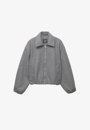 Graue, taillierte Jacke mit Kragen, Frontreißverschluss und zwei seitlichen Taschen. Hergestellt aus weichem, strukturiertem Stoff.