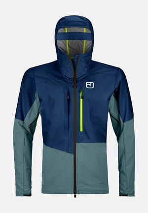 Marineblaues und tealfarbenes Outdoor-Jackett mit hohem Kragen, verstellbare Kapuze und kontrastierenden, limettengrünen Reißverschlüssen. Bietet ein schlankes, modernes Design.