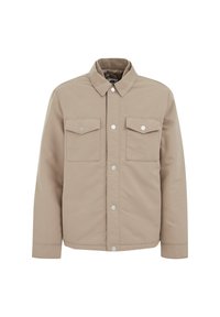 Tan jas met een kraag, twee borstzakken en drukknoopsluitingen. Gemaakt van duurzaam materiaal met een gladde textuur en gestructureerde silhouet.
