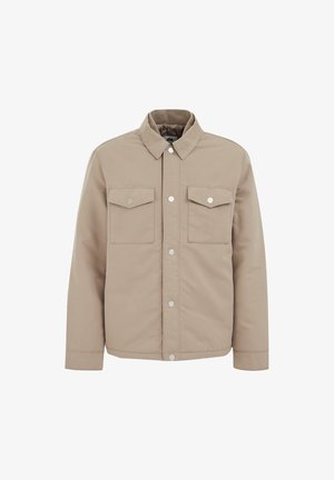 Rjava jakna s ovratnikom, dvema prsoma žepoma in zapirali na gumbke. Narejena iz trpežnega materiala z gladko teksturo in strukturirano silhueto.