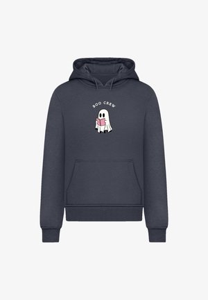Navy hoodie with a front pocket and ribbed cuffs. Features a ghost graphic holding a pink book and the text "BOO CREW" above it.