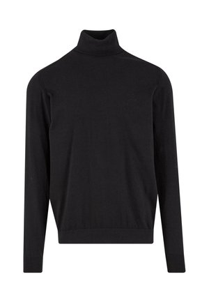 Pull à col roulé noir en tissu doux ; avec des manches longues, un col côtelé et une silhouette légèrement cintrée. Aucun motif ni matériel visible.