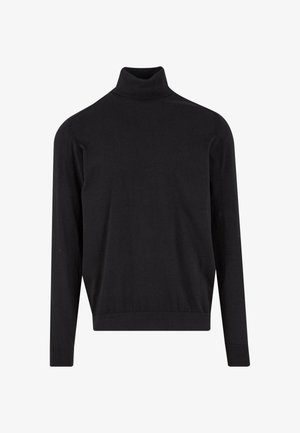 Must värvelkampsun, mis on valmistatud pehmest kangast; omab pikki varrukaid, soonikust kaelust ja veidi vormitud siluetti. Ei ole nähtavaid mustreid ega metallosi.