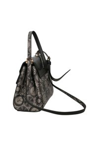 Borsa a tracolla grigia con motivo, dalla forma strutturata, rifinita con pelle nera e tracolla regolabile. Presenta hardware decorativo e design geometrici.
