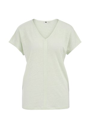Lichtgroen v-hals T-shirt met korte mouwen, ontspannen pasvorm en subtiele textuur. Verticale naaddetail in het midden vooraan. Zachte stof.
