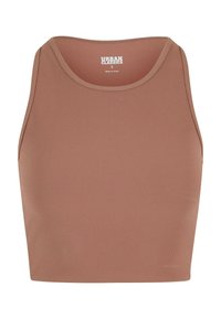 Smeđi rebrasti crop top s okruglim izrezom. Izrađen od fleksibilnog materijala, ima uski kroj i minimalne detalje šivanja.
