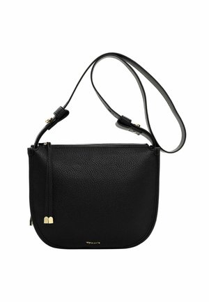 Borsa a tracolla nera in pelle con una finitura testurizzata, hardware in tonalità oro e chiusura con zip. Presenta una tracolla regolabile per versatilità.