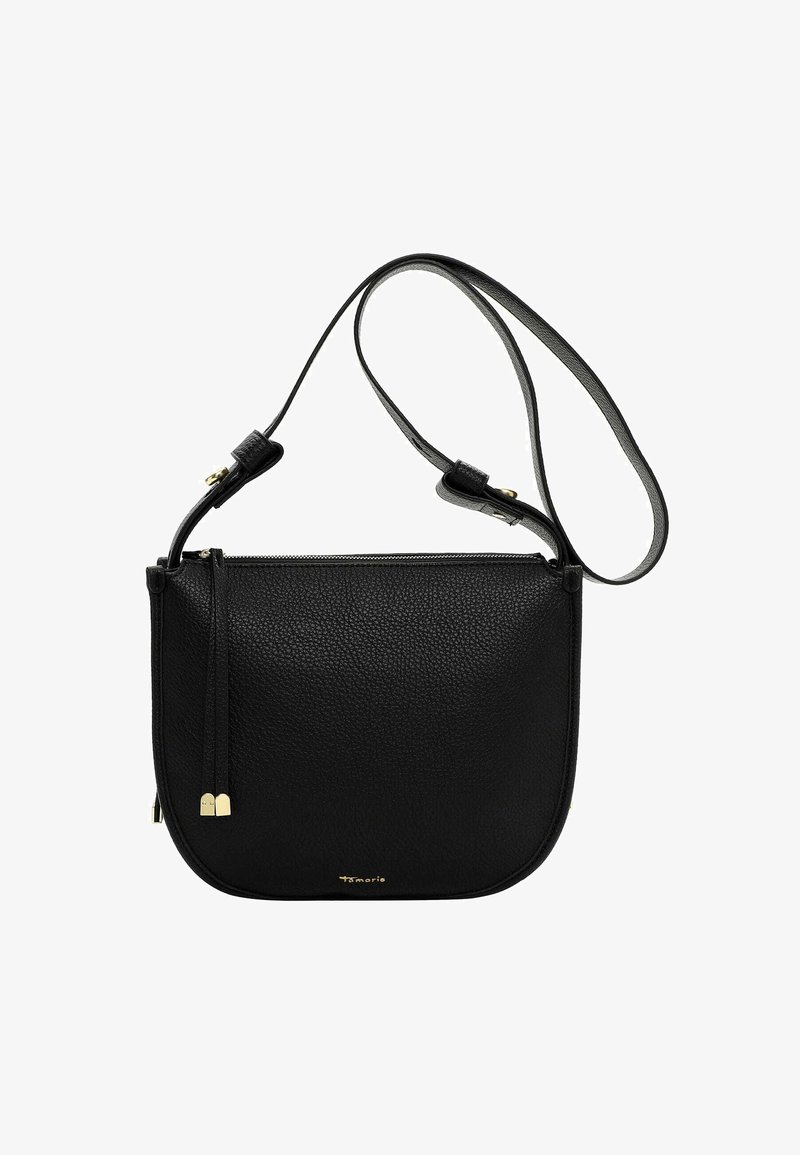 Borsa a tracolla nera in pelle con una finitura testurizzata, hardware in tonalità oro e chiusura con zip. Presenta una tracolla regolabile per versatilità.