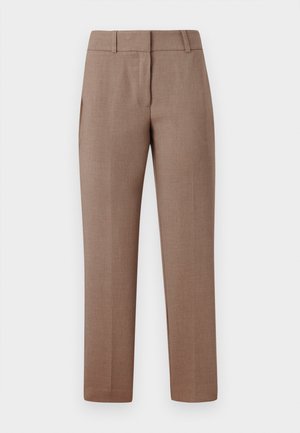 Light brown tailored trousers with a smooth texture, flat front, side pockets, and a straight-leg design. Fabric features a subtle pattern.