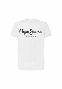 Bijela pamučna majica s crnim ispisanim logotipom "Pepe Jeans" iznad "LONDON", klasičnog okruglog izreza i kratkim rukavima.