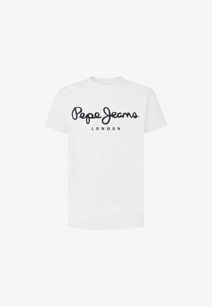 Valge puuvillane t-särk, millel on must skripti stiilis logo "Pepe Jeans" üle "LONDON," klassikalise ümmarguse kaela ja lühikeste varrukatega.