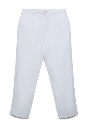 Pantaloni bianchi a gamba dritta con chiusura a bottone e cerniera, passanti per cintura e tasche laterali, mostrati su uno sfondo bianco piatto.