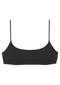 Black textured bralette with adjustable thin straps, featuring a square neckline and a smooth finish, designed for comfort and style.