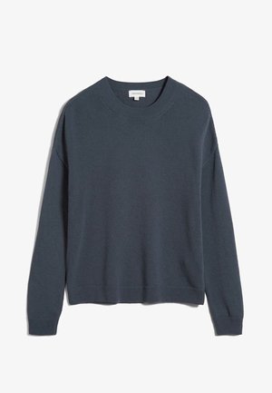 Dunkelgrauer Pullover, lange Ärmel, Rundhalsausschnitt, Strickstruktur, gerippte Bündchen und Saum, leicht lockere Passform mit Seitennähten.