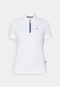 White short-sleeve polo shirt with a stand-up collar, half-zip front, textured fabric, and a small navy "CK" logo on the left chest.