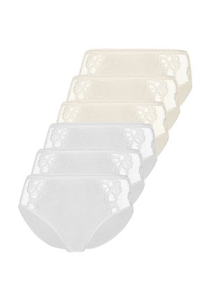 Sechs Damenunterwäsche mit hohem Bund in Weiß und Beige, mit floralen Spitzen-Details an den Vorderseiten, in zwei Reihen angeordnet.