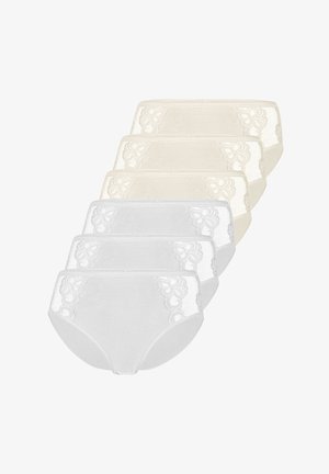 Sechs Damenunterwäsche mit hohem Bund in Weiß und Beige, mit floralen Spitzen-Details an den Vorderseiten, in zwei Reihen angeordnet.