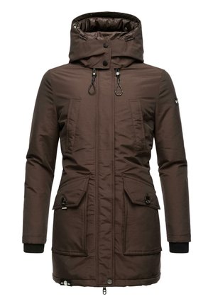 Brown waterproof parka jacket with a high collar, dual drawstrings, two large front pockets, and ribbed cuffs. Smooth, insulated fabric.