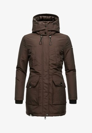 Brown waterproof parka jacket with a high collar, dual drawstrings, two large front pockets, and ribbed cuffs. Smooth, insulated fabric.