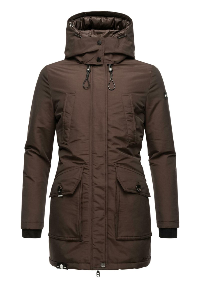 Brown waterproof parka jacket with a high collar, dual drawstrings, two large front pockets, and ribbed cuffs. Smooth, insulated fabric.