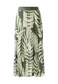 Jupe plissée verte et blanche avec un motif de feuilles ; dotée d'une taille discale verte unie ; fabriquée en tissu léger avec une coupe fluide.