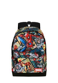 Mochila con arte de cómic de Spider-Man en colores vibrantes y acentos en negro. Cierre en la parte superior, correas ajustables y un bolsillo delantero.