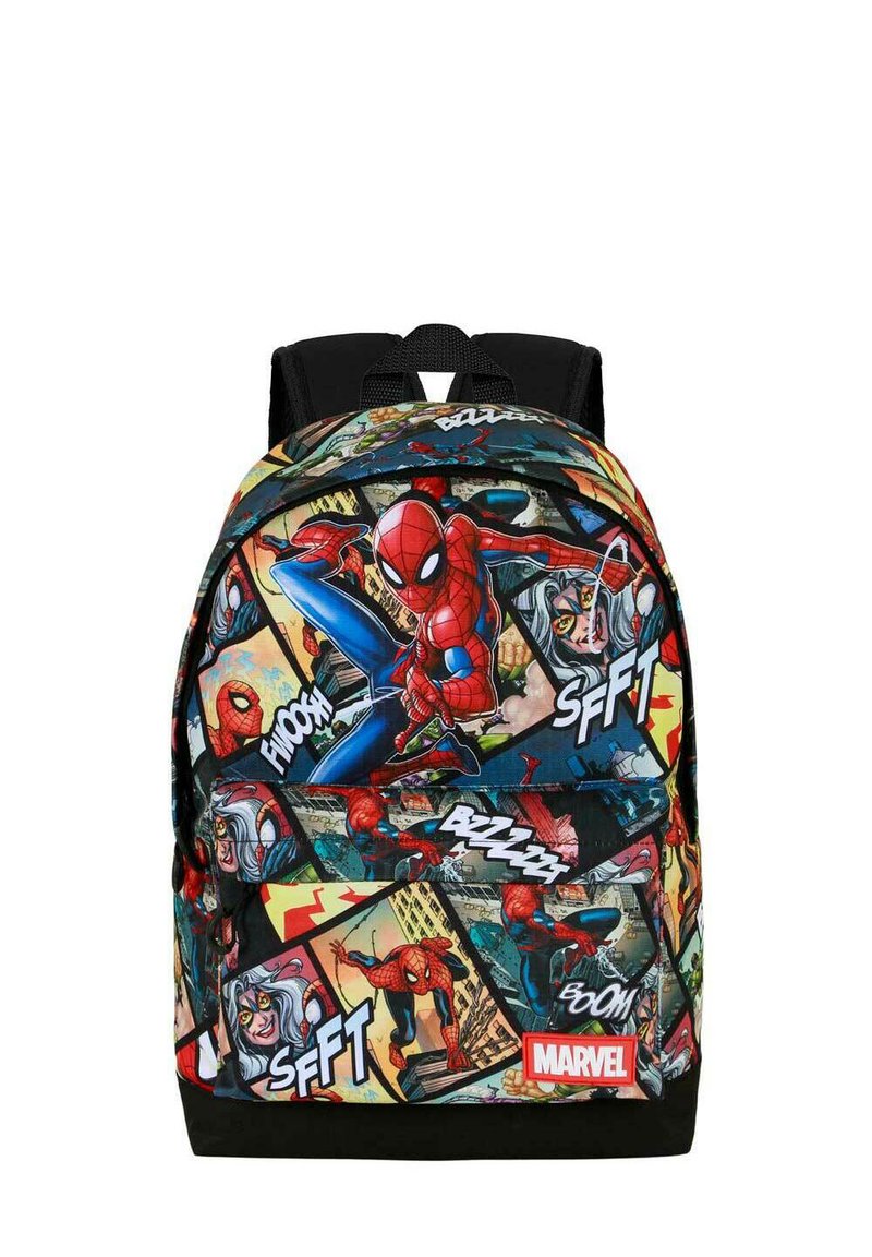 Mochila con arte de cómic de Spider-Man en colores vibrantes y acentos en negro. Cierre en la parte superior, correas ajustables y un bolsillo delantero.