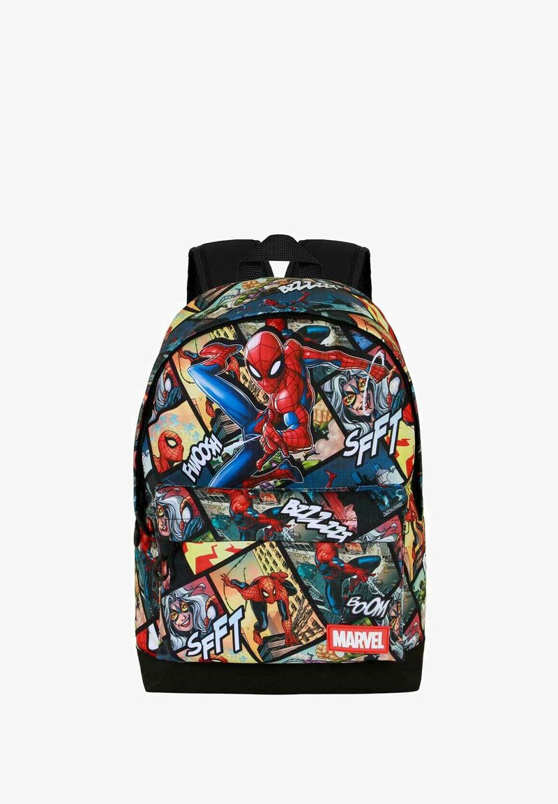 Mochila con arte de cómic de Spider-Man en colores vibrantes y acentos en negro. Cierre en la parte superior, correas ajustables y un bolsillo delantero.