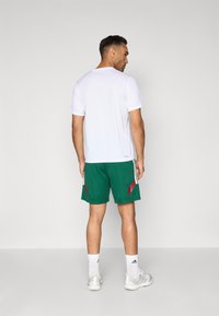 T-shirt branca, calções de rede verdes com detalhes vermelhos e sapatilhas brancas de desporto. Marca visível nos sapatos e nos calções; modelo de costas.
