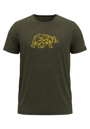 Maglietta verde scuro a maniche corte con una grafica gialla geometrica di un orso al centro del petto.