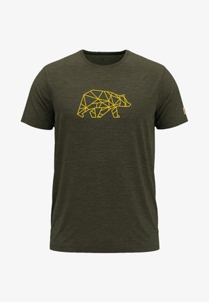 Donkergroen T-shirt met korte mouwen en een gele geometrische berenafbeelding centraal op de borst.