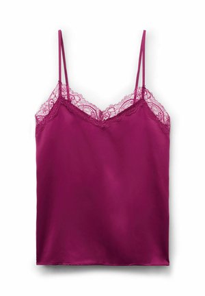 Fuchsia top met kantafwerking, dunne verstelbare bandjes, gladde satijnen textuur en een rechte zoom. Kantdetails langs de halslijn.