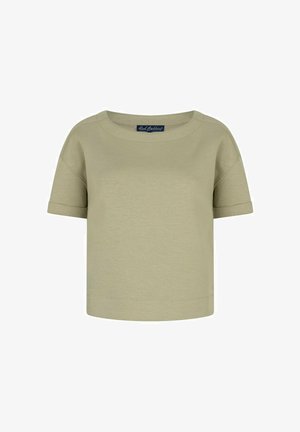 Korte mouw, licht olijfgroene cropped top met een ronde halslijn en omgeslagen boorden, weergegeven tegen een witte achtergrond.