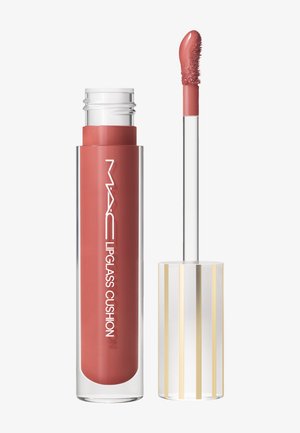 Gloss à lèvres MAC Lipglass Cushion dans une teinte rose atténuée avec un tube cylindrique transparent et un applicateur à embout incurvé.