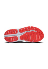 Suela de zapato deportivo con una base blanca y un patrón de tracción de goma roja. Presenta ranuras curvadas para flexibilidad y agarre.