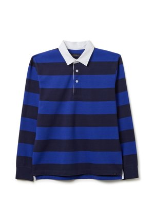 Polo de manga larga con franjas alternas de azul oscuro y azul claro, cuello blanco y tapeta de tres botones. Material de algodón.