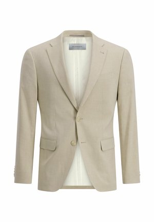 Beige eendaagse herenblazer met twee knopen, notch-revers, klepzakken en een borstzak met bies, getoond op een witte achtergrond.