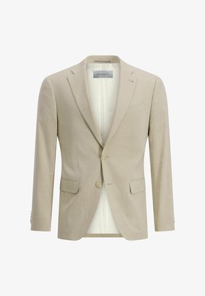 Beige eendaagse herenblazer met twee knopen, notch-revers, klepzakken en een borstzak met bies, getoond op een witte achtergrond.