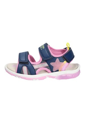 Dziecięce sandały w kolorze granatowo-różowym z paskami na rzep, siateczkowymi bokami, ozdobą w kształcie gwiazdy oraz różową amortyzowaną podeszwą z żółtą pętelką do ściągania.