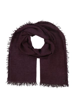 Sciarpa di colore viola scuro con bordi frangiati, realizzata in un tessuto morbido; si drappeggia in modo morbido con una texture liscia e un design minimalista.