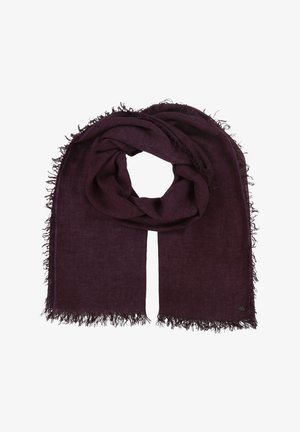Temno vijoličast šal z resicami, izdelan iz mehkega blaga; ohlapno se prilega z gladko teksturo in minimalističnim dizajnom.